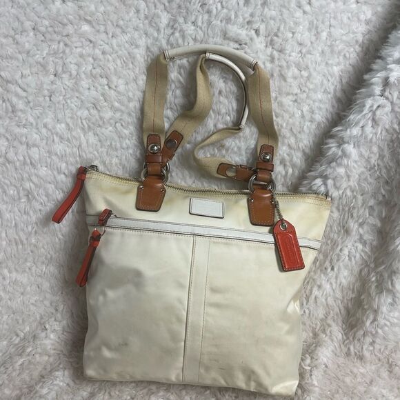 Coach Hampton off white  nylon and leather tan & orange trims satchel - Picture 3 of 15